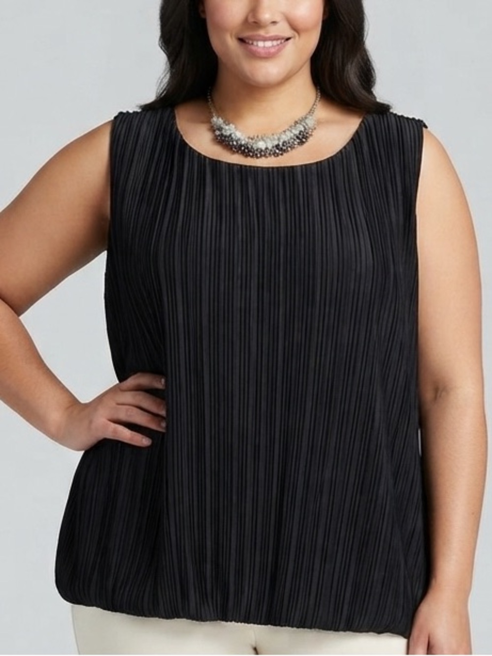 LILY MORGAN Black Satin Effect Pleated Sleeveless Blouse with Keyhole Back 1X